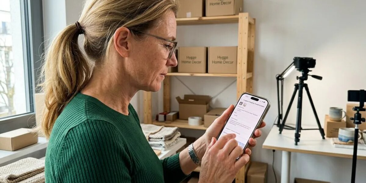 Frau richtet im Büro Instagram-Shop-Produkte für E-Commerce ein