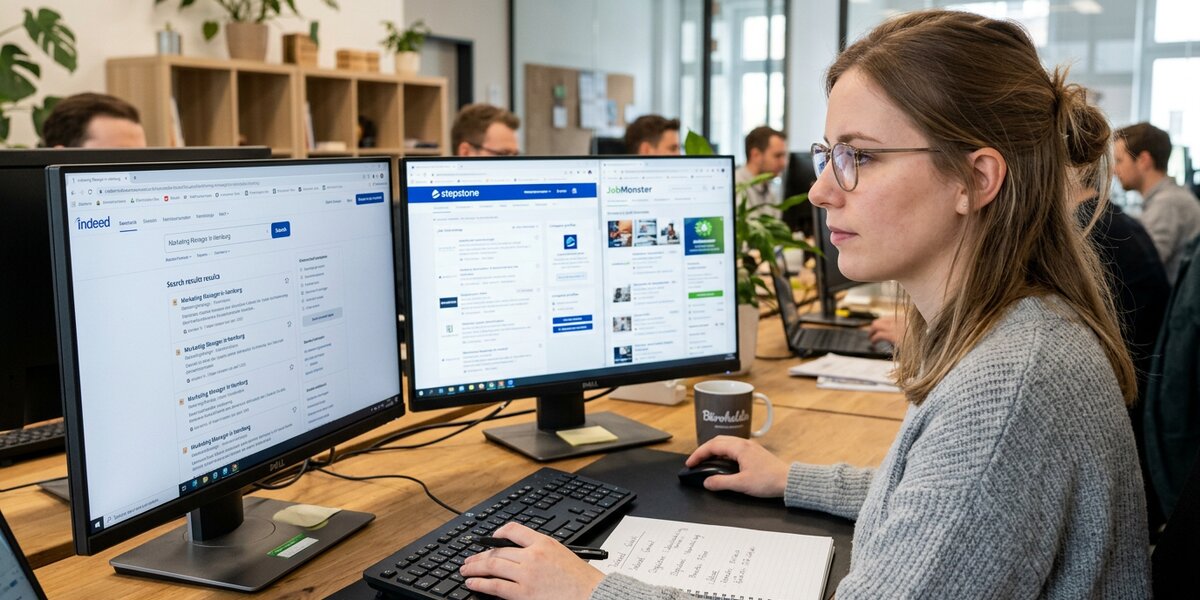 Frau vergleicht LinkedIn und Facebook als Stellenportale auf Dual-Monitor-Setup im Büro