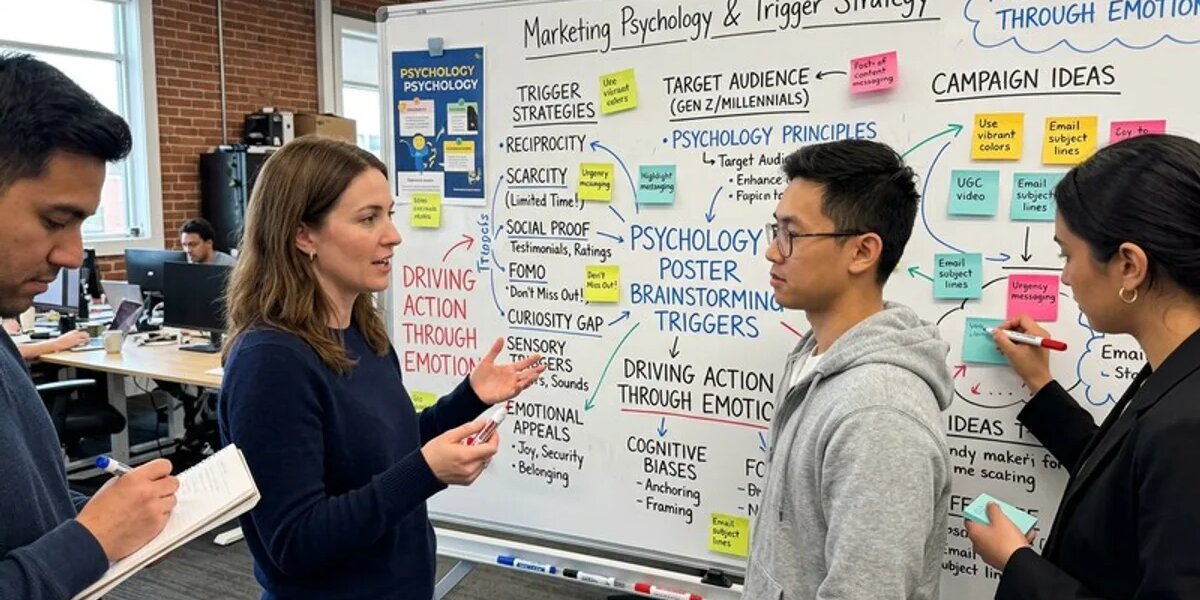 Marketing-Team beim Brainstorming zu psychologischen Triggern am Whiteboard