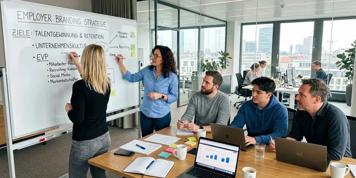 Unternehmens-Team erarbeitet Employer-Branding-Strategie im Meeting